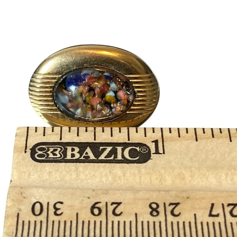 Vintage‎ Anson Men Confetti Glitter Under Glass CUFFLINKS Gold Tone Oval